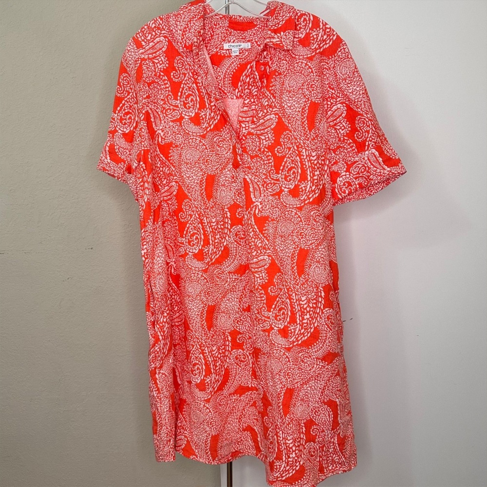 Chicos Orange White Paisley Linen Shift Dress Short Sleeve Pockets Size 2 L 12